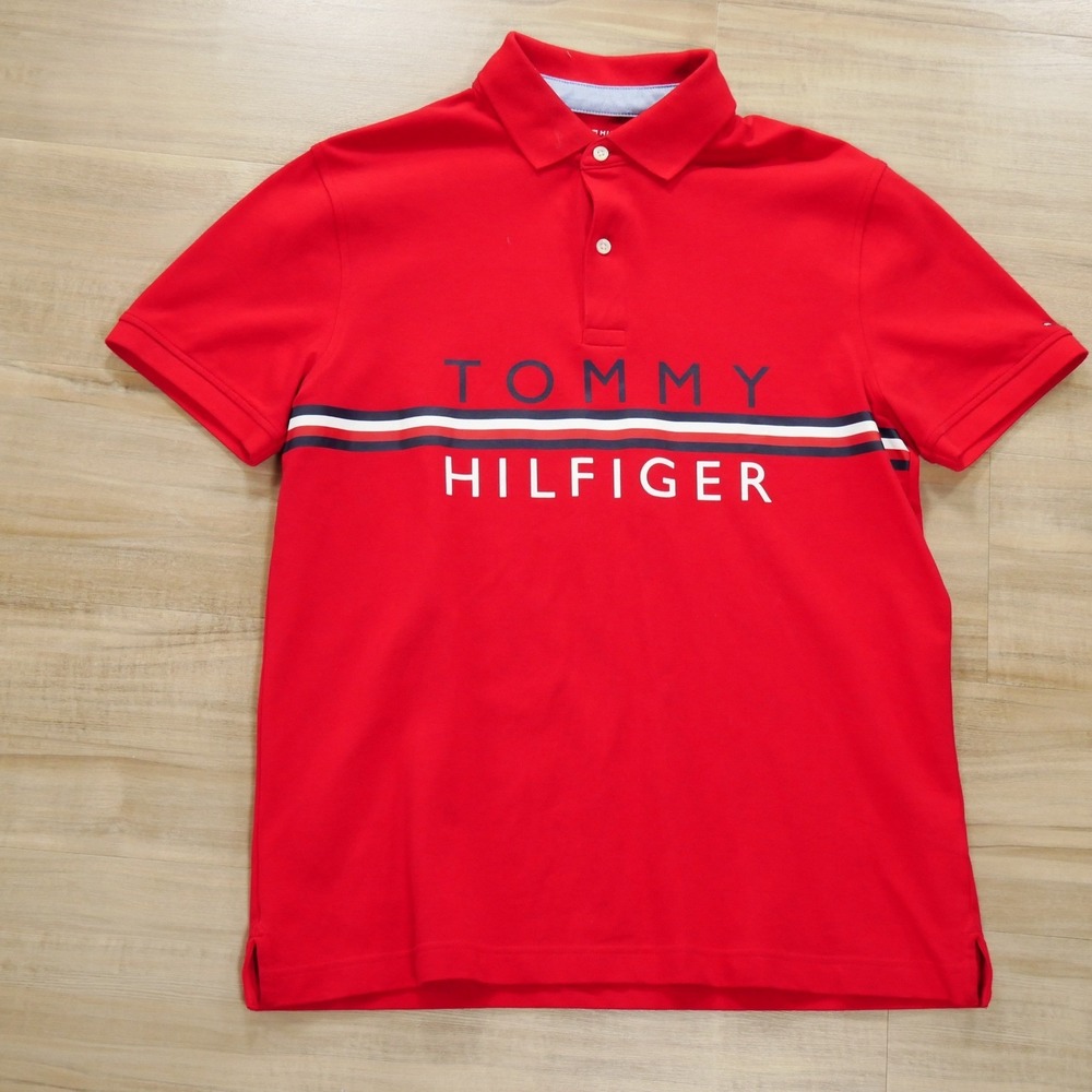 Tommy Hilfiger Mens Red Graphic Logo Stripe Pique Polo Shirt Size M
